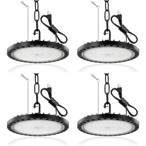 4Packs 200W UFO High Bay Light with Chain and US Plug- AC 120V 6000K 20000LM ultrue bright LED Commercial Warehouse Area Lights IP65 Waterproof Floodlight for Workshop Barn Factory Gymnasiums