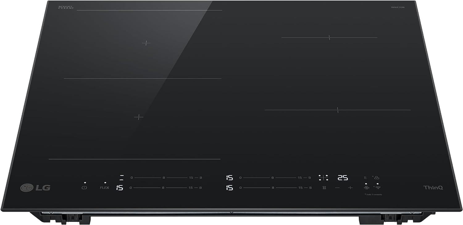 LG Płyta indukcyjna CBIZ2435B 60 cm, moc od 2,5 do 7,4 kW, 4 strefy całkowite, 1 strefa Flex, 15 poziomów mocy + doładowania, niezależne sterowanie dotykowe, Wi-Fi, szkło ceramiczne SCHOTT, kolor