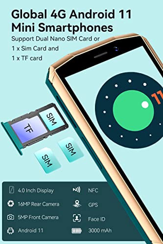 Cubot Pocket 4.0 Inch Mobile Phone, 4G Smartphone Sim Free Phones Unlocked, Android 11 Small Phone,16Mp Camera,3000Mah,4Gb+64Gb/128Gb Extension,Face Id/Nfc/Gps (Green+Gold) #TOP4