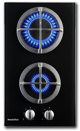 PremierTech Piano cottura a Gas 2 fuochi, 30 cm, Domino, Supporti in Ghisa Professionali, Predisposto Metano e Kit Ugelli GPL Inclusi, Manopole in Alluminio, Da Incasso, PC2G30V