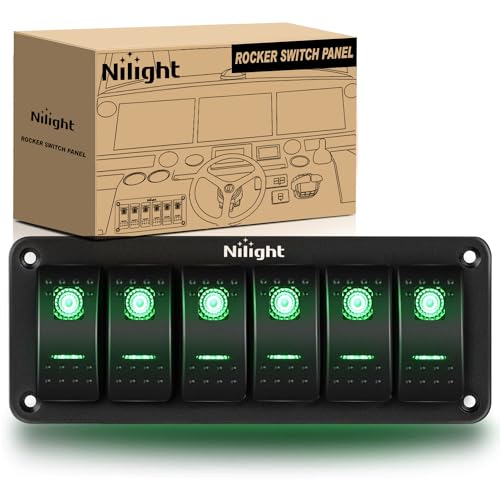 Image of Nilight 6 Gang Rocker Switch Panel SPST On Off Toggle with DIY Label Sticker | 5PIN Electrical 12V /20A 24V /10A Aluminum Plate with Pre-Wired Jumper Wires for LED Light Bar RV Boats 4X4 Cars Green