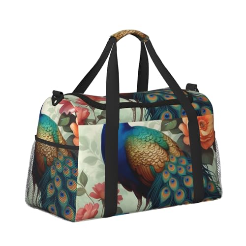 Peacock Floral Print Travel Duffle Bag - Foldable Personal Item Travel Bag for Women & Men,Carry-On Convertible Crossbody Tote Bags with Adjustable Shoulder Strap & Pockets 13x10.2x19.7 in3