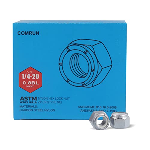Comrun KNTUS001 100Pcs 1/4-20 Nylon Insert Lock Nuts Hex Lock Nuts Carbon Steel Galvanized Finish Comrun cover