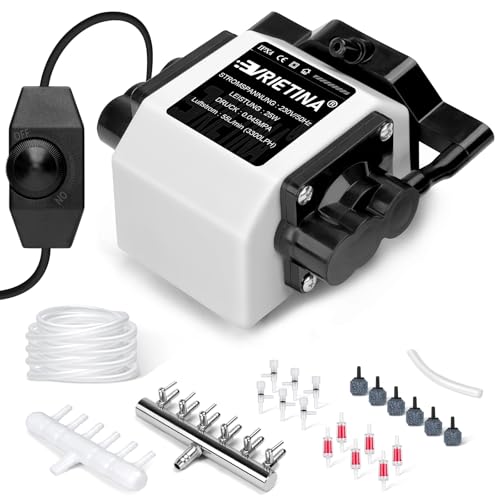 Aquarium Luftpumpe mit 6 Ausgängen | 25W Regelbare Teichbelüfter für Gartenteiche mit 6 Luftsteine | Belüfterpumpe | Leistungsstarke Sauerstoffpumpe | Teichbelüftung, Bis Zu 3300 L/H