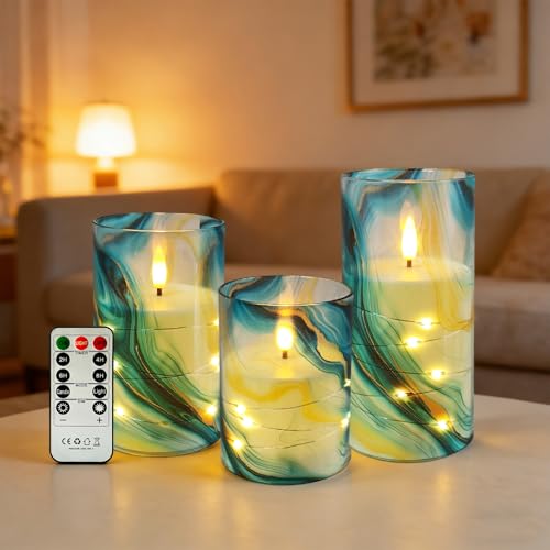 Image of Flickering Flameless Candles, Recessed String Light LED Candles 3D Wick Acrylic Battery Operated LED Pillar Candles with Remote and Timer for Modern Simple Home Decor Set of 3(Marble Printed)