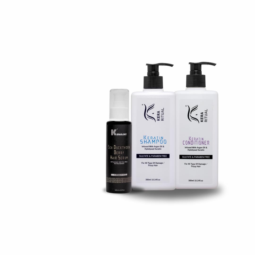 KERA RITUAL Keratin Shampoo & Conditioner Set (300ml) with Sea Buckthorn Berry hair Serum (100 ml) Enriched with Hydrolyzed Keratin for Strong, Smooth Hair- Ideal for All Hair Types (Pack of 3)