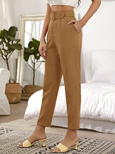 Sweatyrocks Women's High Waist Suit Pants Belted Crop Pencil Pants With Pockets Camel Xs #TOP2