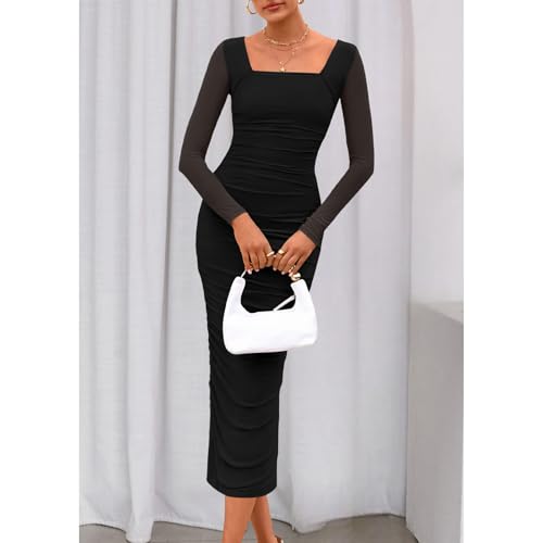 AOWVUTS Damen Cocktailkleid Elegant Langarm Bodycon Figurbetontes Wickelkleid Lang Quadratischer Ausschnitt Gerafft Midikleid Slim Fit Bleistiftkleid Formeller Club Partykleid Hochzeit Abendkleid
