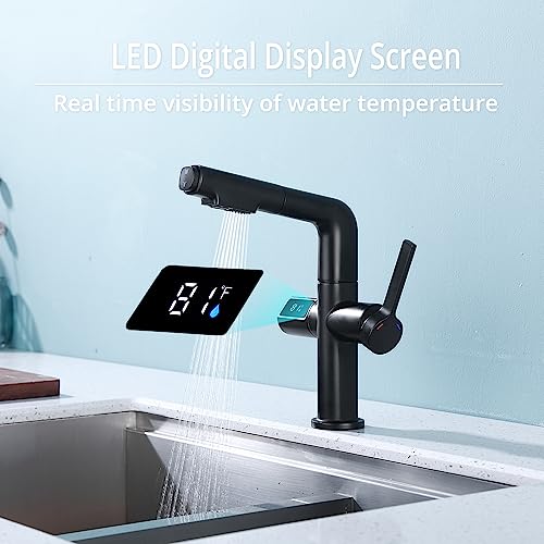 Kmeino Led Bathroom Faucet With Pull Out Sprayer, Matte Black Touchless Bathroom Sink Faucet Temperature Digital Display Kitchen 1 Hole Single Handle Sensor Faucet For Farmhouse Rv Kitchen Sink thumb #2
