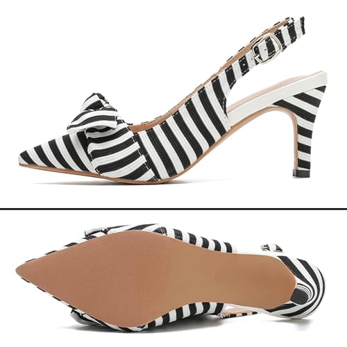 Women's White Black Stripes Slingback Kitten Heels Closed Pointed Toe Bow Tie Slip On Work Pumps Ankle Strap Stiletto Formal Party Wedding Dress Shoes3