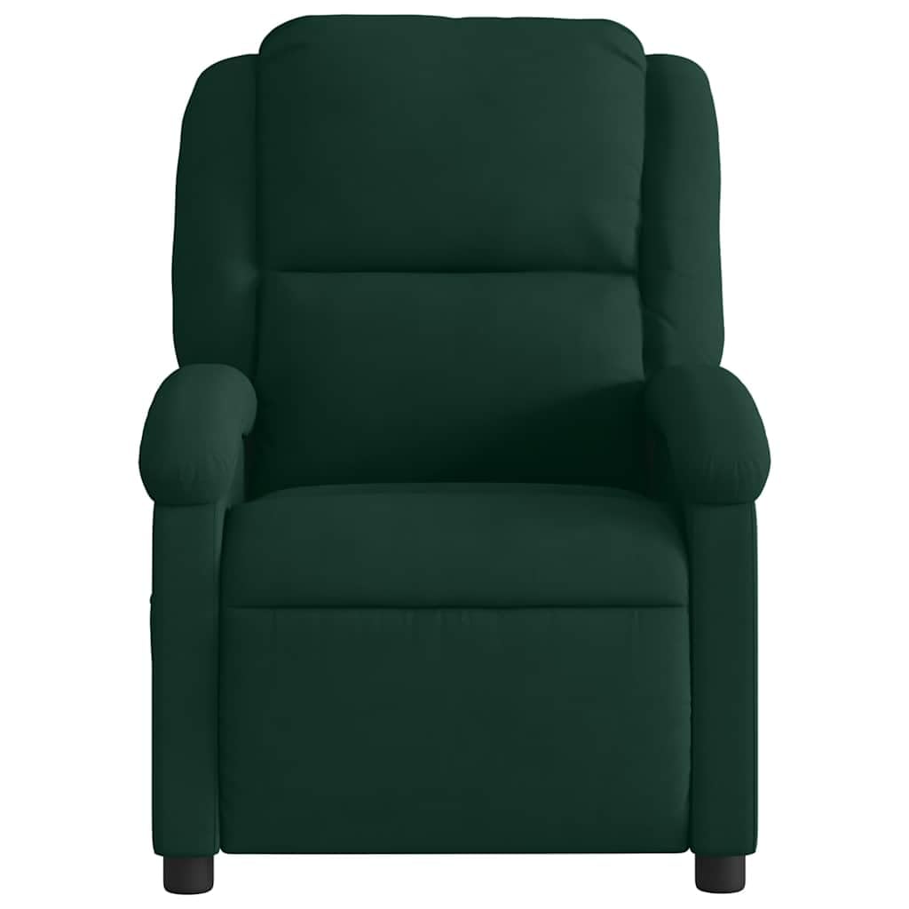 Fotel relaksacyjny, ciemnozielony aksamit z ręczną funkcją leżenia, regulowane oparcie i podnóżek, ergonomiczny fotel tapicerowany z podłokietnikami, rama drewniano-metalowa do salonu i