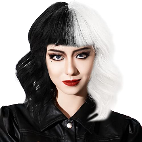 MIVAIUN Peluca Blanca Negra Peluca Mitad Negra Mitad Blanca, Cruella Peluca Blanco y Negro, Peluca de Disfraz de Cosplay, Peluca de mujer, para Carnaval de Halloween Y Fiesta de Disfraces (1 Pcs)