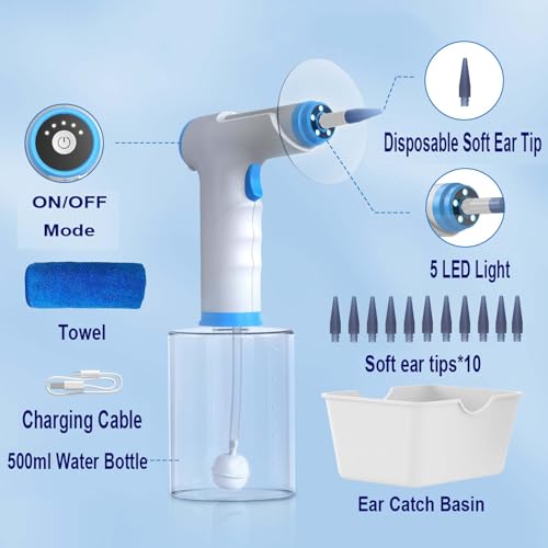 Kit de limpiador eléctrico de oídos con tanque de 500 ml, 4 modos de presión, batería de 2000 mAh, luz de 5 LED, impermeable, recargable tipo C para una limpieza segura y eficaz de los oídos en casa