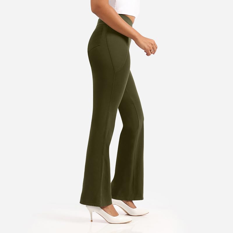 Image of Blissclub AM:PM Cotton Flare Pants for Women Above 5'5 ft Tall | Wide Waistband, 4 Pockets | Bell Bottom Pants and high Waist Trousers for Office wear
