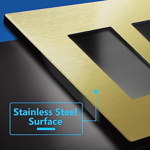 Image of LIDER Double Decorator Metal Wall Plate, Temperature and Impact Resistant, Screwless Cover, Modern Upgrade, Mid-Size 2-Gang 4.88 inch x 4.92 inch, LSMWP-32M-BB, UL Listed, Stainless Steel, Brushed Brass