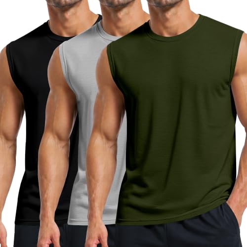 Image of Holure Men's Cotton Gym Tank Tops 3 Pack, Sleeveless Workout T-Shirts, Muscle Training Vest, Breathable Stretch Crew Neck Shirts, Black/Grey/Green-3P02- L
