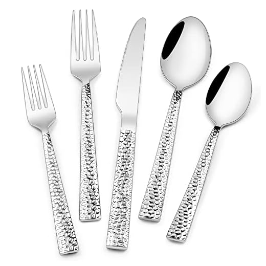 Hammered Silverware Set, 40-Piece Stainless Steel Square Flatware Set for 8, Food-Grade Tableware Cutlery Set, Utensil Sets for Home Restaurant, Mirror Finish, Dishwasher Safe