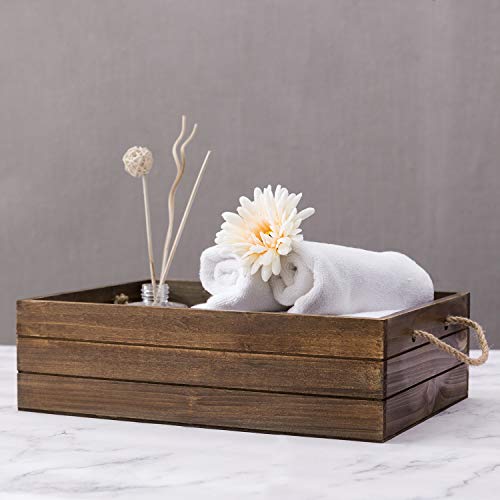 Mygift Rustic Brown Wooden Storage Bin With Rope Handles, Decorative Open Top Small Wood Box #TOP3