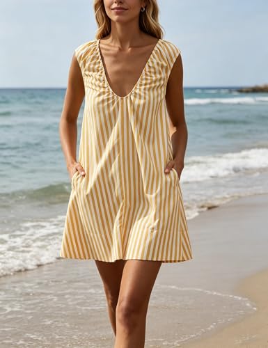 Image of OLAPTA Women Summer Sleeveless Babydoll Mini Tank Dresses Loose Fit Scoop Neck Ruched Short Dress with Pockets Party Clubwear
