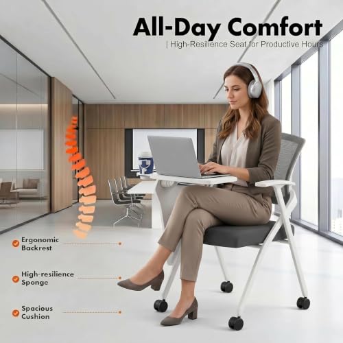 Image of Folding Office Chair Conference Room Chair with Armrest Mesh Back, Stackable Foldable Office Chair for Guest Reception Meeting Classroom Training Seminar (50, Gray- Wheel+Writing Board)