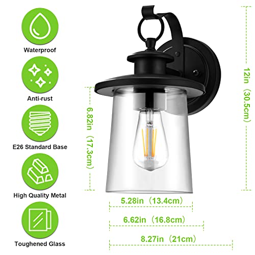 Revtronic 00393 1-Light Outdoor Wall Lights, Matte Black, Exterior Light Fixtures With Clear Glass Shade, Front Porch Lighting, Modern Coastal Sconces Lantern For Outside, House, Garage - Etl Listed #TOP2