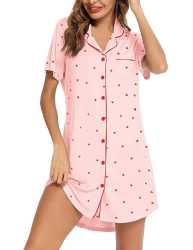 Senert Sleep Shirts for Women Nightgown Short Sleeve Boyfriend Night Dress Soft Nursing Maternity Night Gown Pink Heart,Small