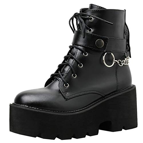 Image of Parisuit Womens Goth Patent Ankle Boots Platform Chunky Combat Boots | Lace Up, Gothic Boots, High Heel, Punk Short Booties, Buckle Boots, Chain Boots