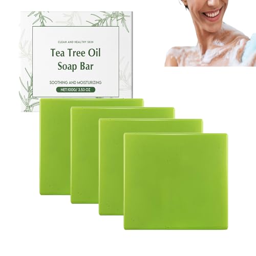 Jabón con aceite de árbol de té – Jabón natural para pies y cuerpo con aceite de coco, calmante e hidratante para una piel pura y saludable, para la limpieza diaria y refrescante (4 unidades)
