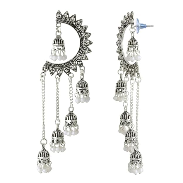 Image of WORLD CRAZE Multicolour long kashmiri jhumka for women chandbali earrings chand baliyan | kashmiri earrings for women | bahubali earrings stylish | Traditional Indian Festive Jewelry | Long Chain Tassels | Pearl Drop Latkan Jewellery (Multi colour)