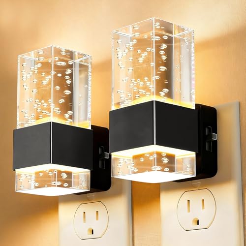 ECO-WILL LED Night Light with Bubble Acrylic Design Gold and Clear Metal Dimmable Dusk to Dawn Sensor 3 Color Temperatures Modern Style Plug-in for Bathroom Bedroom Hallway 2-Pack (Black)