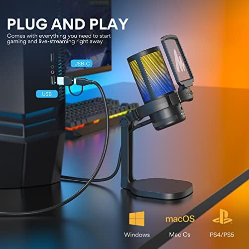 MAONO Gaming Microphone, USB Condenser Mic with Noise Cancellation, RGB Lights, Mute, Gain, Monitoring for Streaming, Podcast,YouTube, PC Desktop Computer Mic for PS5, GamerWave(DGM20) (Black)
