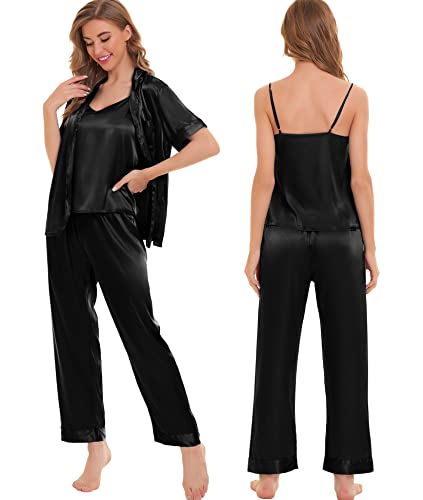 Image of SWOMOG Womens Silk Satin Pajamas Sets 4pcs Sleepwear Sexy Cami Shorts Set and Button Down Short Sleeve Pjs Loungewear