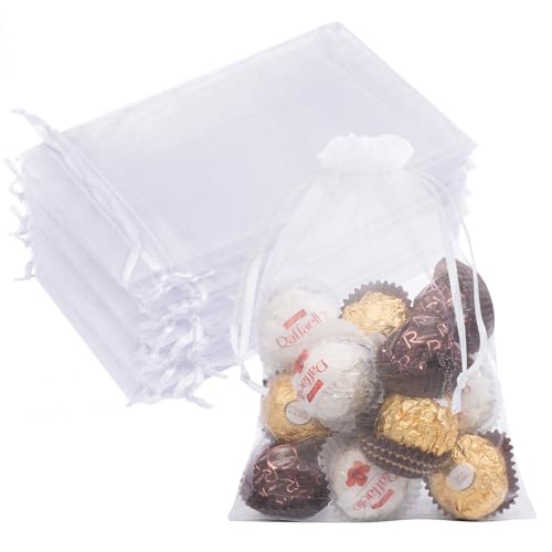 Image of 50PCS White Organza Bags 5x7, Small Gift Bags Cute Mesh Drawstring Gift Pouches Sheer Clear Baggies for Jewelry Candy Sachet Soap Treats Graduation Wedding Birthday Party Favors Gifts