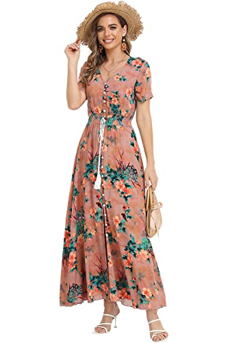 Image of VintageClothing Women's Floral Maxi Dresses Boho Button Up Split Summer Casual Long Dress Beach Party Dress