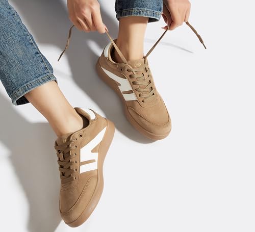 Image of LUCKY STEP Women Retro Gum Sole Fashion Sneakers | Genuine Leather Classic Tennis Skate Walking Shoes Anti Slip Trainers
