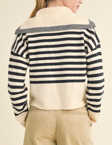 Ladyful Women's Cropped Striped Cardigan Sweater Long Sleeve Collar Button Down Loose V Neck Outerwear Coats2