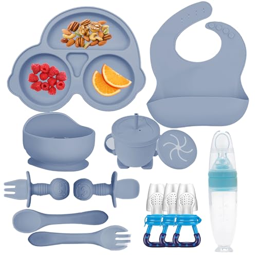 Image of MIICASA Silicone Baby Feeding Set, Baby Led Weaning Supplies Kit With Suction Bowl & Car Plate, Bib, Spoon, Fork, Cup - Food-Grade Silicone, Dishwasher-Safe, No BPAs - For 3+ Months