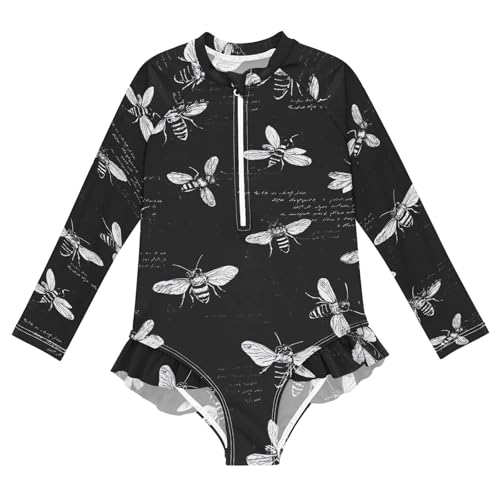 ALAZA Swimsuit for Girls Long Sleeve Rashguard Bathing Suit Black White Bees Quick Dry 4T