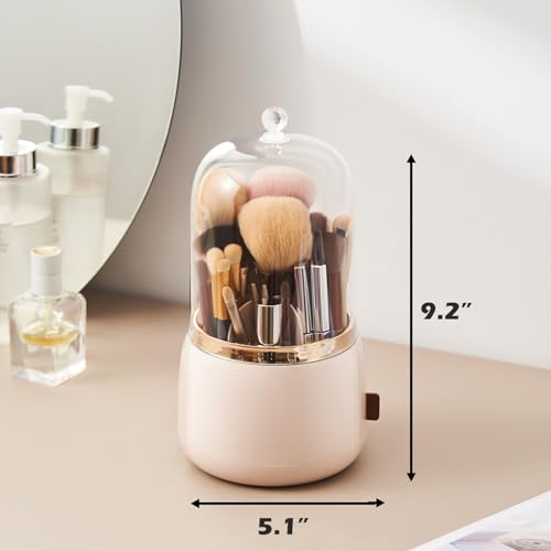 Makeup Brush Holder Organizer with Lid 360 Rotating Dustproof Makeup Brushes Organizer for Vanity (Blush Pink)