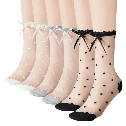 12 Pairs Sheer Socks Women - Lace Trouser Mesh Socks, Summer Ultrathin Crystal Glass Stocking, Sheer Ankle Transparent Fishnet Vintage High Mid Calf Sock for Girls Women White Black Grey