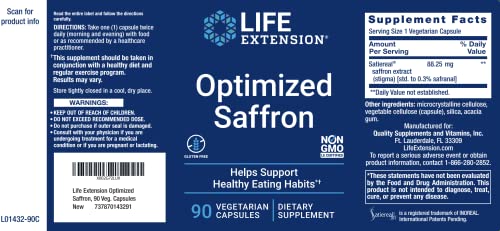 Life Extension Optimized Saffron Extract With Satiereal, 90 Veg Caps - 88.25 Mg #TOP1
