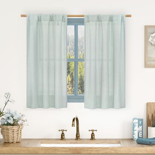 Image of LAMIT Semi Sheer Short Light Blue Linen Curtains 45 Inch Long for Bedroom