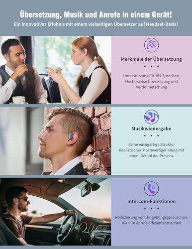 Kryvella AI Kopfhörer Übersetzer 3 in 1 164 Sprachen Echtzeit Sprachübersetzer Kopfhörer Echtzeit Übersetzer Ohrhörer Bidirektionale Simultanübersetzung für Reisen Lernen Business iOS Android