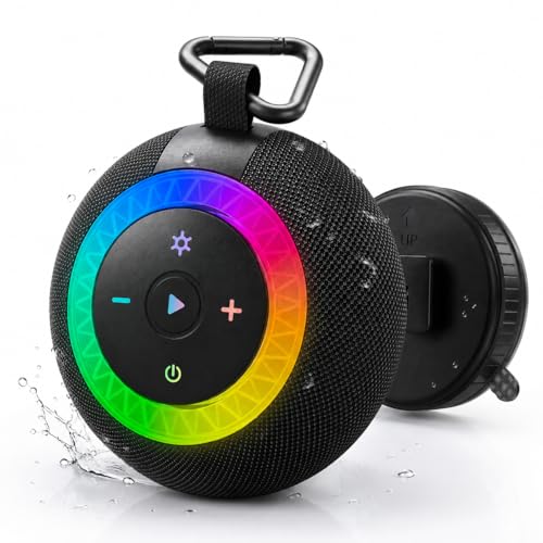 UOHHBOE Altavoz Bluetooth 5.4 Perfecto Regalo IPX7 Altavoz Ducha 20W con Ventosa Estable Impermeable Portátil Inalámbrico 24H Luces RGB Llamadas Mano Libre TWS TF Card para Baño Piscina