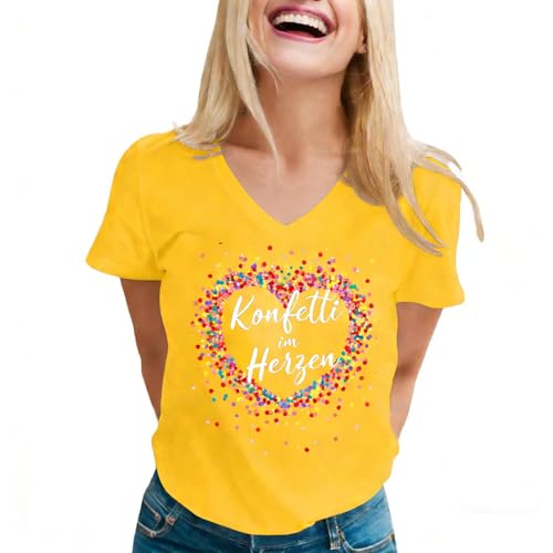 Konfetti im Herzen T-Shirt Damen - Konfetti im Herzen bunt Herz Geburtstag Karneval Fasching Fastnacht Damen T-Shirt mit V-Ausschnitt