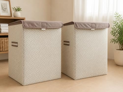 Image of QUAIL Non Woven Foldable Jute Printed 75 Liter Laundry Basket with Lid - Durable & Collapsible Storage Bag for Clothes, Toys & Washing Items (Brown Golden, Set of 2)