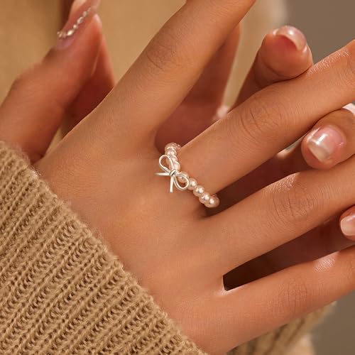 925 Sterling Silver Dainty Bow Knot Beads Ring for Women Mom with Pearl Black Red Agate Cute Jewelry to Daugther Elastic Adjustable Stacking Elegant Trendy Finger White Bow Ring Wedding Christmas Gift4