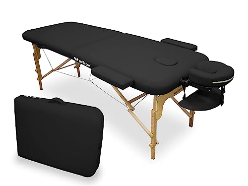 WELLCORE - Lettino da massaggio pieghevole, realizzato in legno, ecopelle, 185 x 65 cm, altezza regolabile, testa rimovibile, due bracci di ingrandimento, foro facciale, colore nero, fino a 225 kg