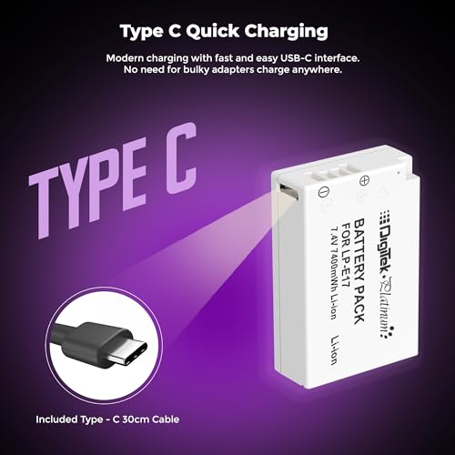 Image of Digitek Platinum (LP-E17 C) 1250mAh Li-ion Battery with Type-C Interface, for Canon EOS 750D Rebel T6i, T7i, EOS 760D, T6s, EOS 800D, EOS 77D, EOS 850D, Rebel T8i, EOS M3, EOS M5, EOS M6, EOS RP