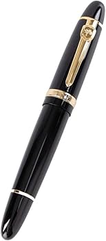 黒い万年筆 金色アクセント Amazon.co.jp: 太軸タイプ 万年筆 黒×金 中細字 コンバーター(吸入器
